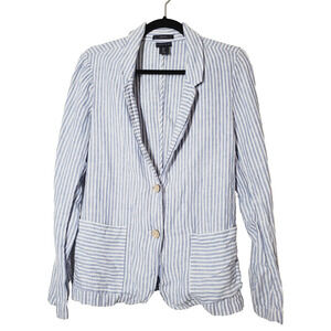 Tahari Womens Large Striped Two-Button Linen Blazer Jacket‎ White Blue Beach